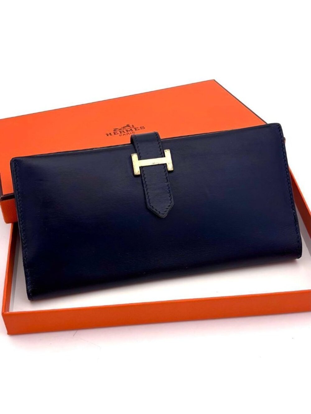 Hermes Bearn Classic Box Calf Navy Blue Wallet Bifold